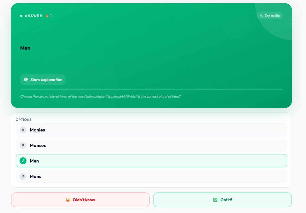 A Lumi revision card showing the answer side: the question asked the correct plural of MAN, and the answer panel reveals 'Men' on a vivid green background, with the multiple-choice options below showing the correct option highlighted. Below the card are 'Didn't know' and 'Got it!' buttons for the spaced-repetition algorithm to schedule the next review.